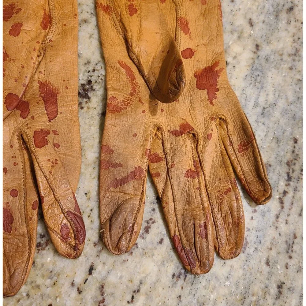 Vintage Size S Brown Leather Gloves Fake Bloody Horror Costume Slashed Worn